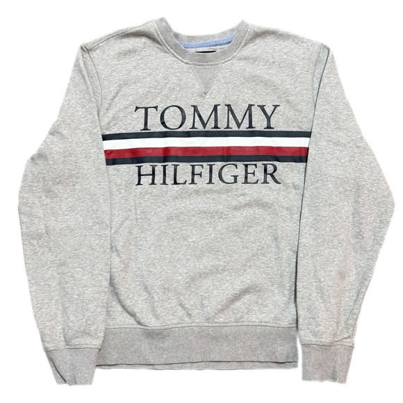 Men's Tommy Hilfiger Spellout‎ Preppy Gray Cotton Pullover Sweatshirt Size Large - Picture 1 of 5